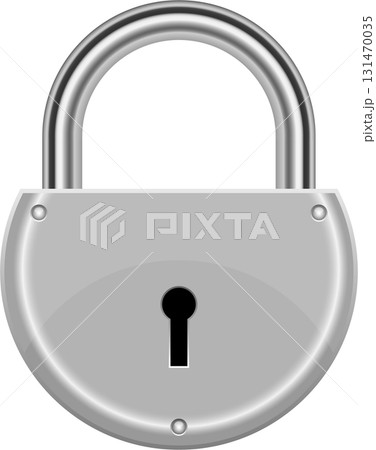 Isolated padlock featuring a metallic silver finish, a circular body, and a smooth, polished texture. 131470035