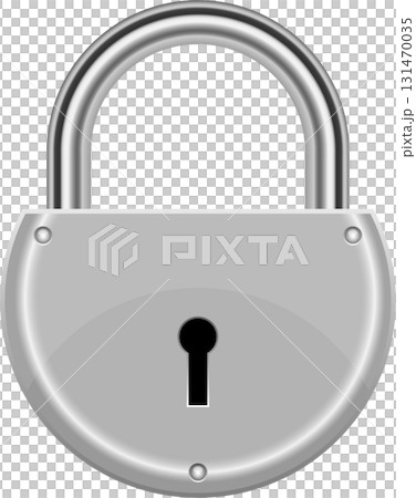 Isolated padlock featuring a metallic silver finish, a circular body, and a smooth, polished texture. 131470035