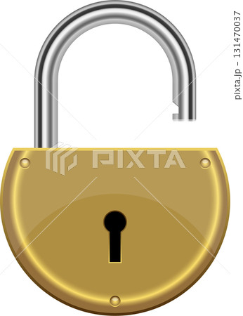 Open padlock: a metallic gold shackle with a keyhole against a solid black background. 131470037