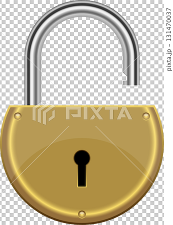 Open padlock: a metallic gold shackle with a keyhole against a solid black background. 131470037