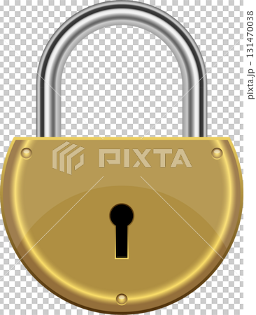 A shiny golden padlock with a silver shackle against a black background stands secured. 131470038