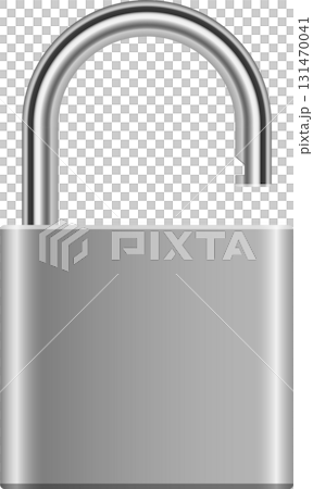 The image shows a shiny, unlocked metal padlock against a stark black backdrop. Security element 131470041