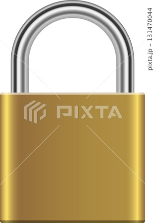 A shiny brass-colored padlock with a silver shackle, isolated on a solid black background. 131470044