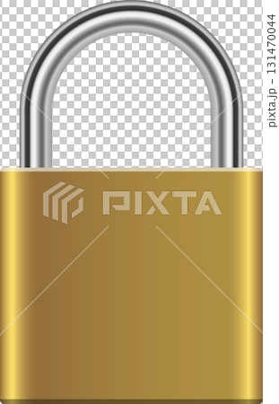 A shiny brass-colored padlock with a silver shackle, isolated on a solid black background. 131470044