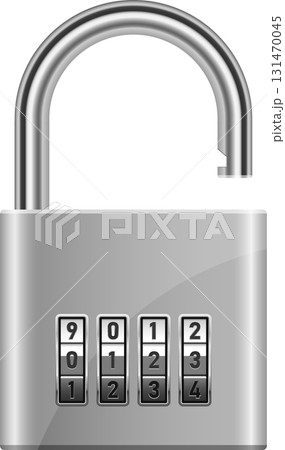 Open combination lock with four tumblers displaying the digits 0, 1, 2 and 3 on black. 131470045
