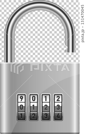 Open combination lock with four tumblers displaying the digits 0, 1, 2 and 3 on black. 131470045