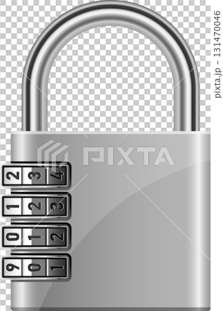 A metallic silver padlock with a four-digit combination lock is displayed against a black background. 131470046