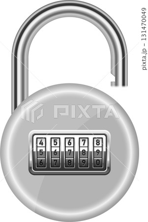 An open combination lock made of metal offers security with numbered rotating dials and shackle An open combination lock made of metal offers security with numbered rotating dials and shackle 131470049