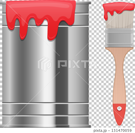 A silver paint can with red paint dripping down the side and a paint brush with red paint. 131470059