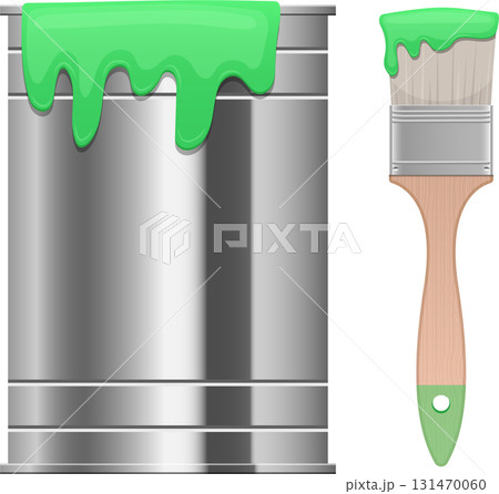 Illustration of paint can with bright green paint and a paintbrush also covered in green paint. Illustration of paint can with bright green paint and a paintbrush also covered in green paint. 131470060