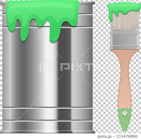 Illustration of paint can with bright green paint and a paintbrush also covered in green paint. 131470060