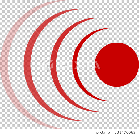 Abstract illustration featuring a red circle emanating radiating arc waves over a black background. 131470065