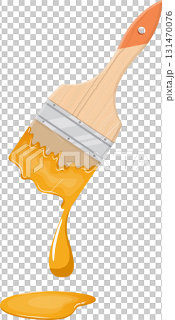 Paintbrush dripping vibrant yellow paint against a stark black background, creating a dynamic image. 131470076
