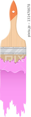 A paintbrush with pink paint hanging from the bristles. Wood handle with silver metal detail. A paintbrush with pink paint hanging from the bristles. Wood handle with silver metal detail. 131470078