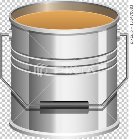 Metallic bucket with handle filled with beige liquid, used for paint and other substances. Metallic bucket with handle filled with beige liquid, used for paint and other substances. 131470083