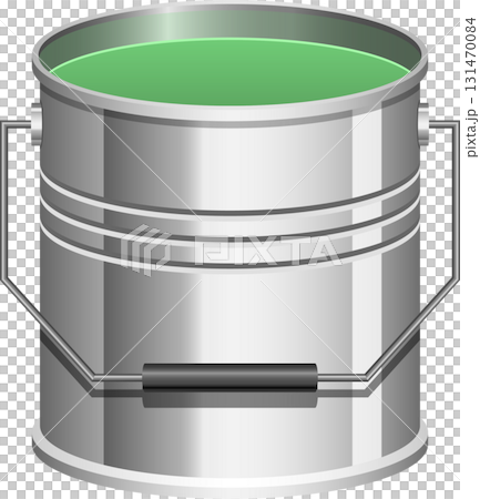 Illustration of a metallic bucket filled with a vibrant green liquid, likely paint or similar substance. 131470084