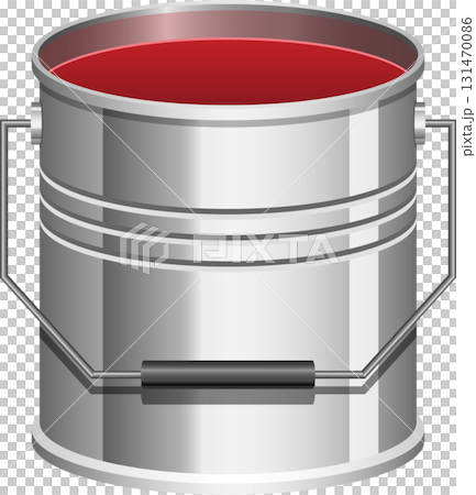 A container with a handle filled with a red viscous fluid, likely paint, ready for use. 131470086