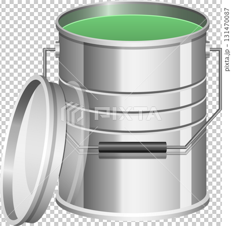 Illustration of an open metal bucket containing bright green liquid, lid at the bucket's side. Illustration of an open metal bucket containing bright green liquid, lid at the bucket's side. 131470087