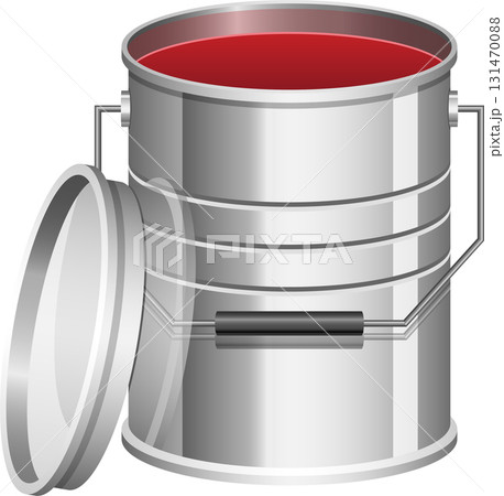 Metallic paint can with an open lid, revealing vibrant red contents, ready for application. 131470088