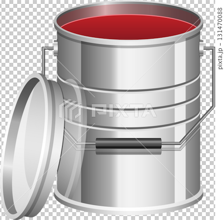 Metallic paint can with an open lid, revealing vibrant red contents, ready for application. 131470088