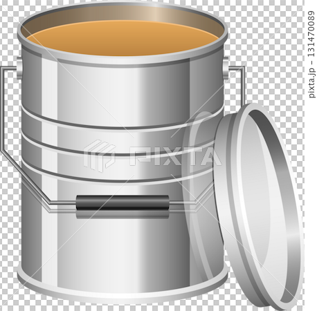Illustration of a paint can, open and filled with liquid, the lid leaning to the side. Illustration of a paint can, open and filled with liquid, the lid leaning to the side. 131470089