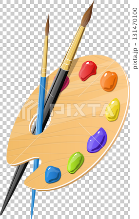 A wooden artist's palette with dabs of various paint colors and two paintbrushes lying beside it. 131470100