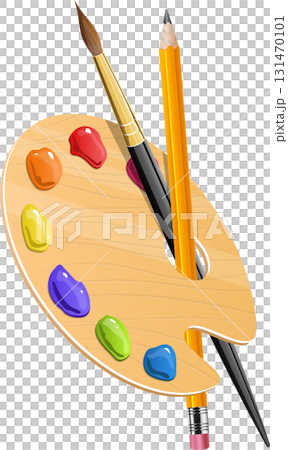 A painter's palette with vibrant paints, a paintbrush, and a pencil, ready for artistic creation. 131470101