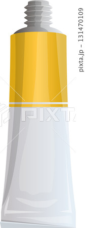 Illustration of a squeeze tube, with yellow and white body and grey cap, on black background. 131470109