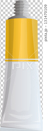 Illustration of a squeeze tube, with yellow and white body and grey cap, on black background. Illustration of a squeeze tube, with yellow and white body and grey cap, on black background. 131470109