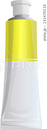 Tube of yellow and white paint with a screw top lid shown against a solid black background. 131470110