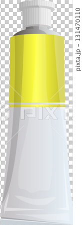 Tube of yellow and white paint with a screw top lid shown against a solid black background. 131470110