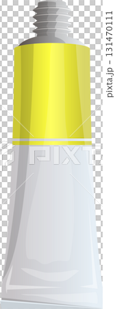 Yellow and silver tube of art supply material with a ribbed nozzle and no background. 131470111