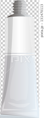 Tube container for liquids or creams, white and gray, upright and isolated on black background. 131470113