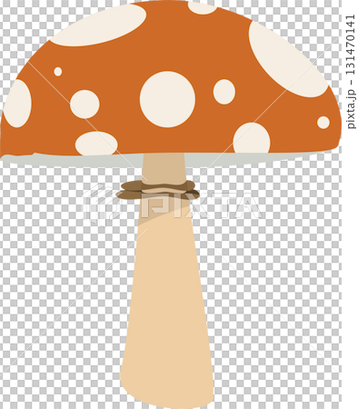 Stylized mushroom illustration with orange cap, white spots, and beige stem on a black background. 131470141