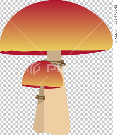 A whimsical illustration depicts two stylized mushrooms, one larger and one smaller, on a dark background. 131470142