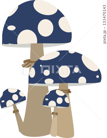 Whimsical cluster of cartoonish blue mushrooms with white spots standing tall on brown stems. 131470143