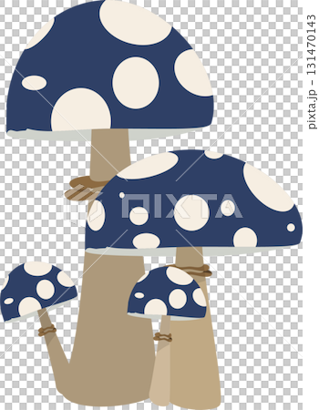 Whimsical cluster of cartoonish blue mushrooms with white spots standing tall on brown stems. 131470143