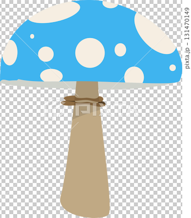 A whimsical blue mushroom with white spots stands tall against a solid black background. 131470149