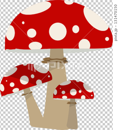 Three mushrooms with red caps and white dots growing from the ground in a cartoon style. Three mushrooms with red caps and white dots growing from the ground in a cartoon style. 131470150