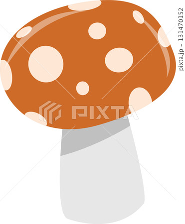 Whimsical mushroom with an orange cap dotted with beige spots and a gray stem on a black background. Whimsical mushroom with an orange cap dotted with beige spots and a gray stem on a black background. 131470152