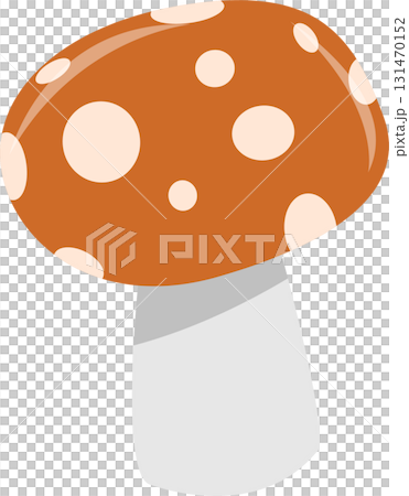 Whimsical mushroom with an orange cap dotted with beige spots and a gray stem on a black background. Whimsical mushroom with an orange cap dotted with beige spots and a gray stem on a black background. 131470152