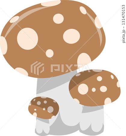 Cartoon depiction of three whimsical mushrooms with brown caps and white spots against black background. 131470153