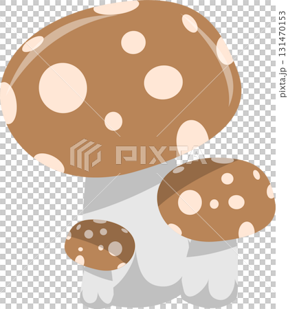 Cartoon depiction of three whimsical mushrooms with brown caps and white spots against black background. 131470153