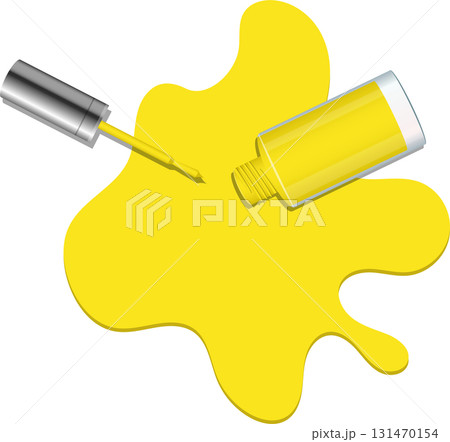 Open bottle of yellow nail polish spills out over a black background, with applicator brush. Open bottle of yellow nail polish spills out over a black background, with applicator brush. 131470154
