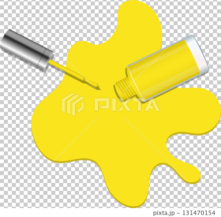 Open bottle of yellow nail polish spills out over a black background, with applicator brush. 131470154