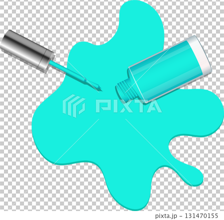 Vibrant turquoise nail polish spilt on a black surface, with the bottle and applicator visible. 131470155
