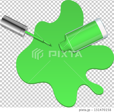 Spilled bright green nail polish with open container and applicator brush on black background. 131470158