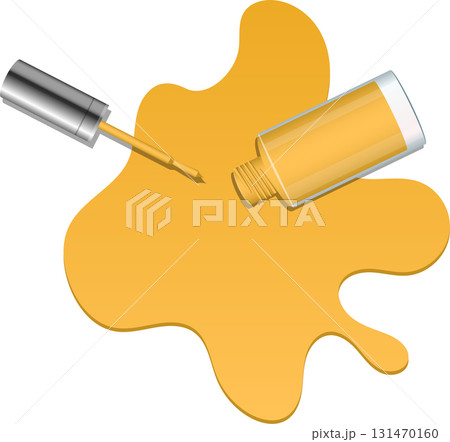 Spilled yellow nail polish, with brush applicator and bottle lying on a black background. Spilled yellow nail polish, with brush applicator and bottle lying on a black background. 131470160