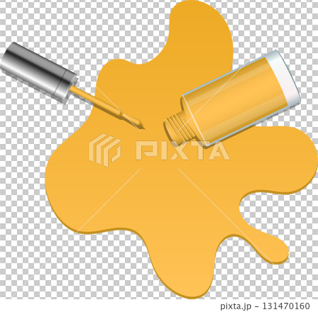 Spilled yellow nail polish, with brush applicator and bottle lying on a black background. Spilled yellow nail polish, with brush applicator and bottle lying on a black background. 131470160