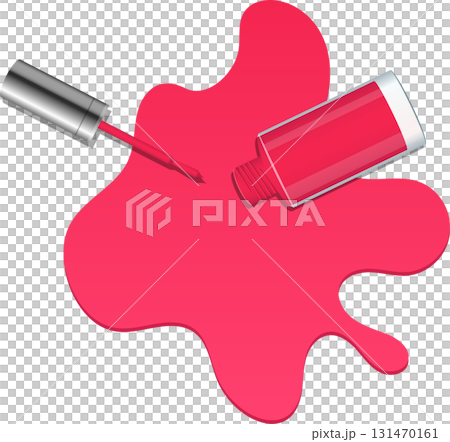 Open bottle of spilled red nail polish creating a big puddle isolated on black background. 131470161